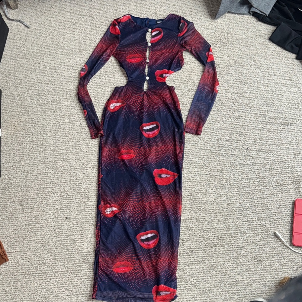 Stylish Red and Blue Women's Dress Lip / Mouth Print Maxi Dress XS